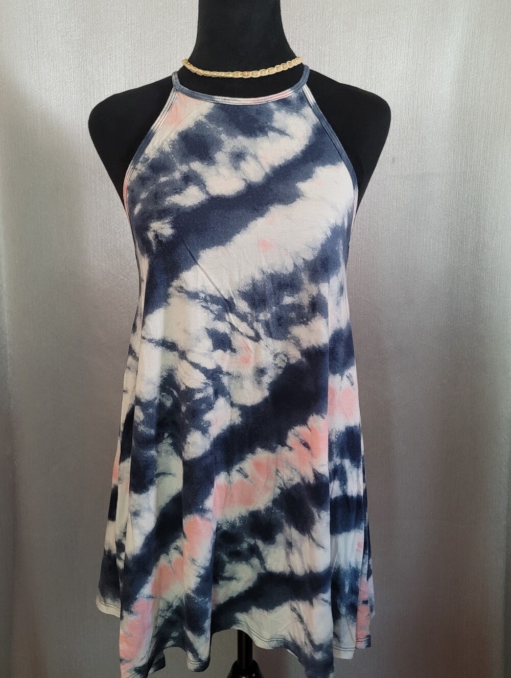 Halter Tie-Dye Swing Dress in Navy, Pink & Cream